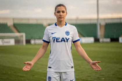 Joueuse de football féminin en tenue professionnelle sur un terrain de stade, pose assurée et regard déterminé, illustration du transfert de Manon Uffren de Nantes à Parme