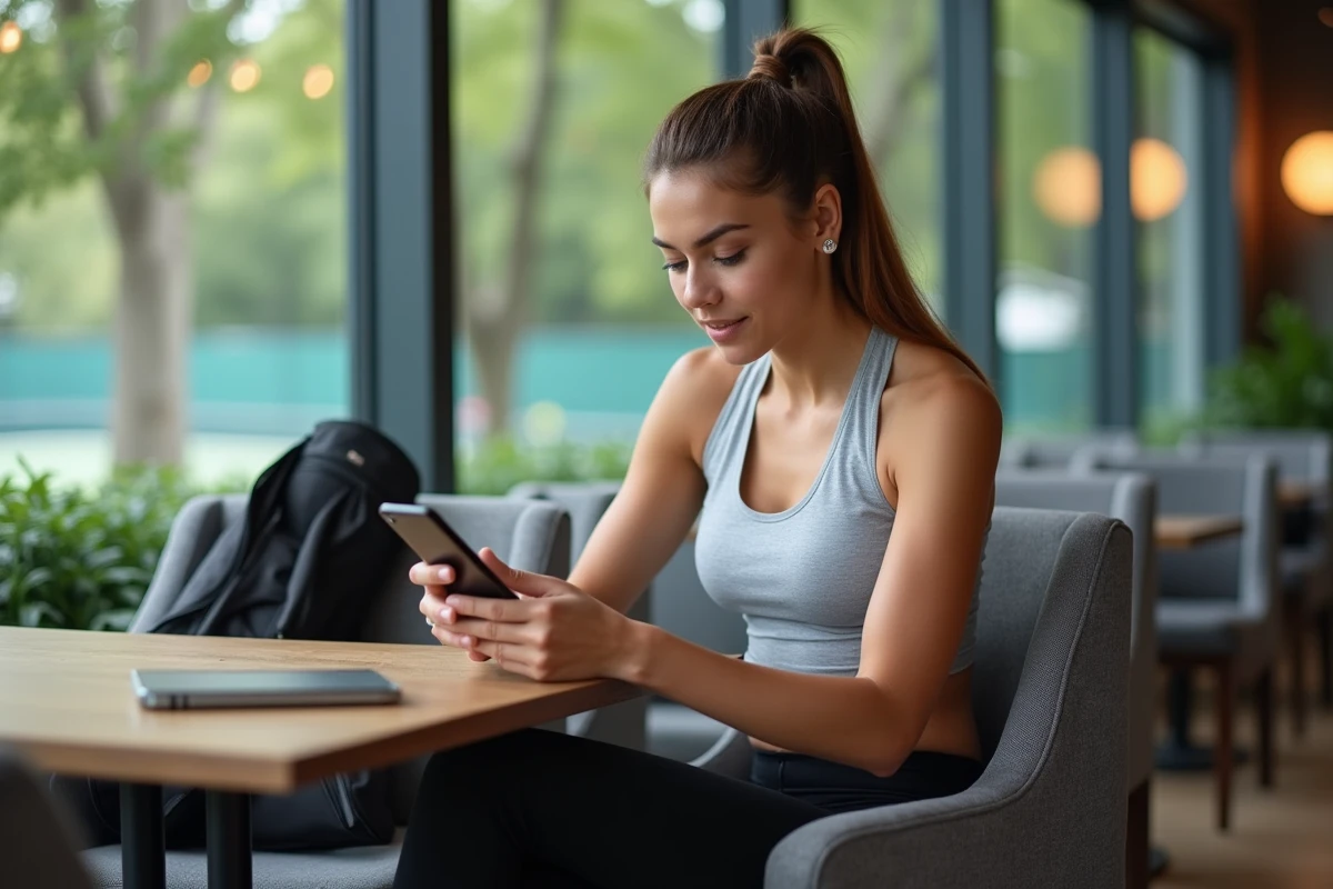 Joueuse de tennis consultant une application de classement P100 sur smartphone dans le salon d'un club