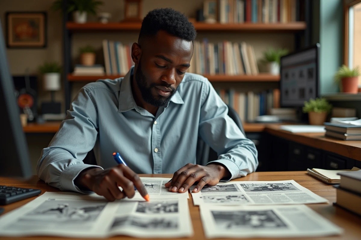 Journaliste sportif étudiant les archives de l'athlétisme français et l'héritage des grandes championnes du 100m haies
