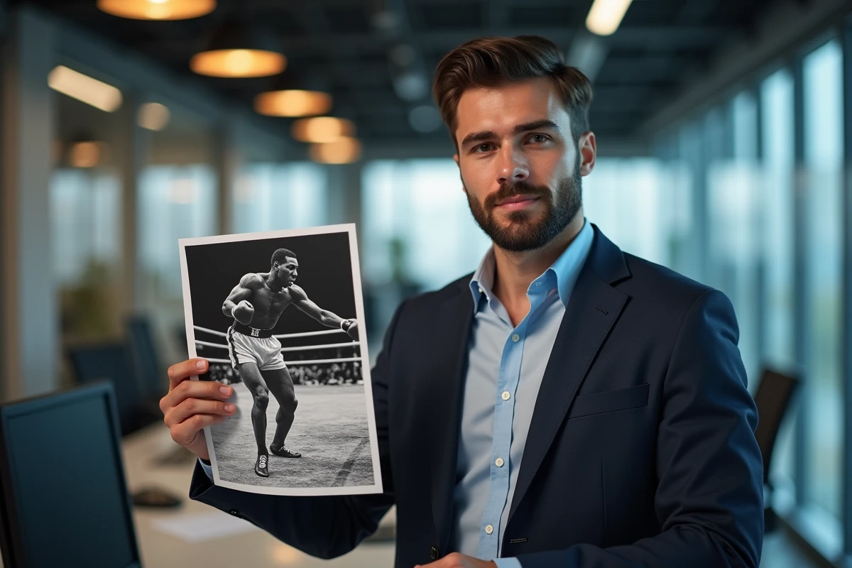 Journaliste sportif analysant photo de Joe Frazier