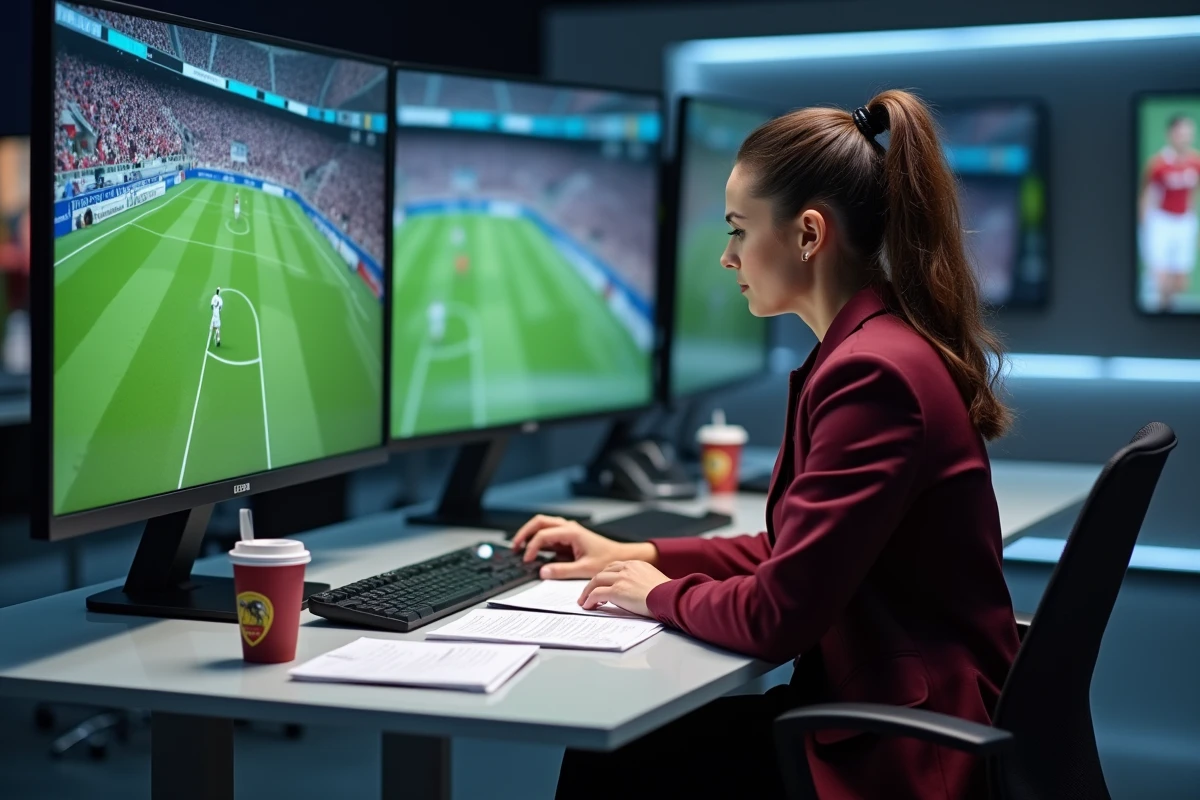 Journaliste sportive analysant une décision VAR en studio