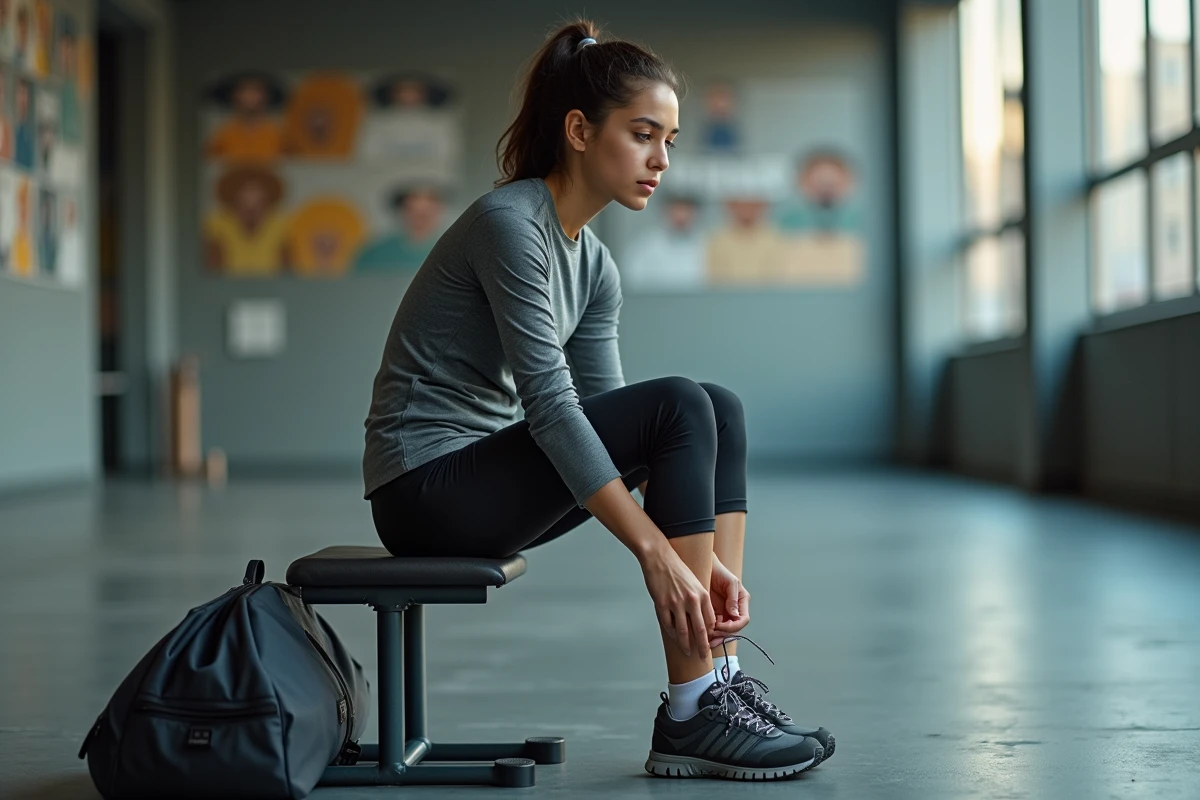Jeune femme en intérieur lace ses chaussures de sport