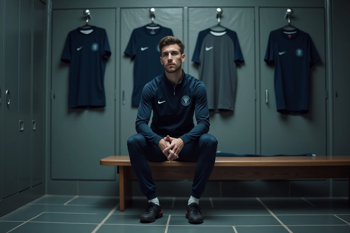 Footballeur professionnel assis seul dans un vestiaire de club de football, exprimant une réflexion profonde sur son avenir sportif