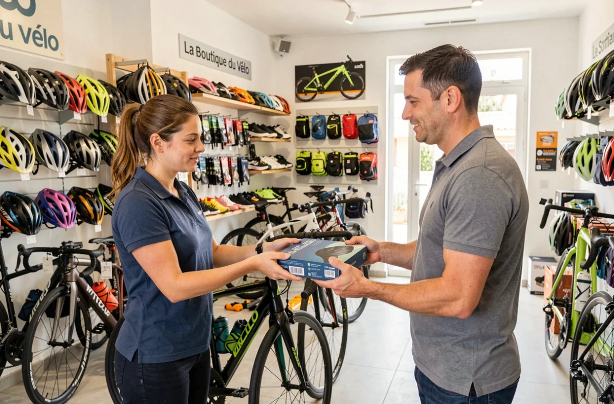 La Boutique du Vélo à Saint-Jean-de-Védas avec une vendeuse remettant un accessoire à un client dans un magasin moderne