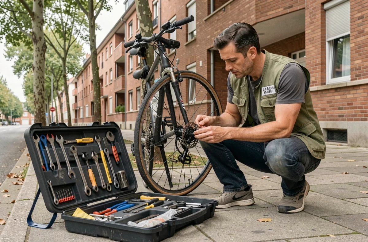 Réparateur de vélos à domicile de La Roue Libre intervenant sur un vélo dans une rue résidentielle de Toulouse