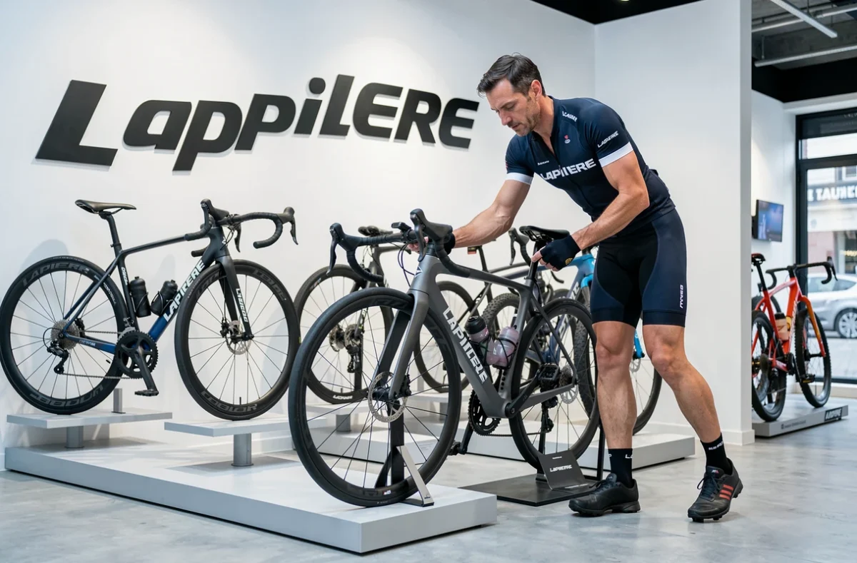 Magasin Lapierre à Toulouse avec des vélos de route haut de gamme exposés et un cycliste examinant un modèle