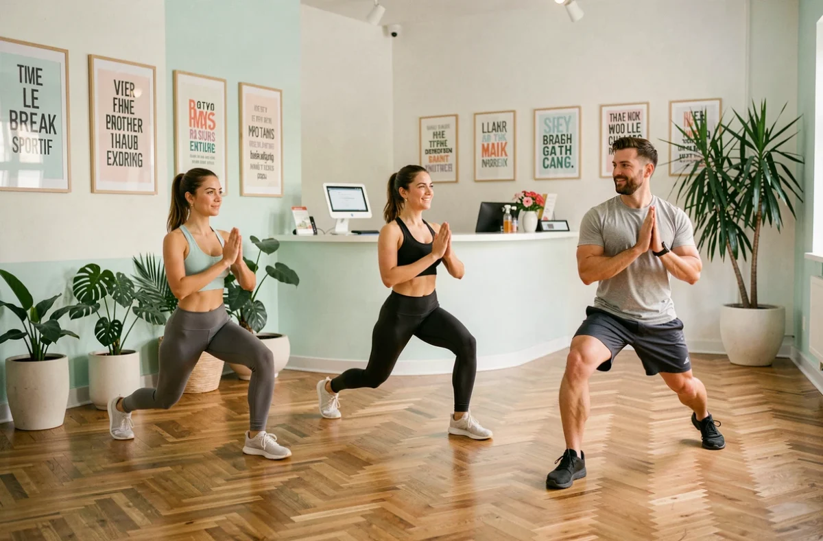 Cours collectif de fitness au Break Sportif avec trois participants faisant des fentes