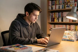 Jeune homme lisant des scans manga en ligne sur un ordinateur portable entouré de volumes de manga