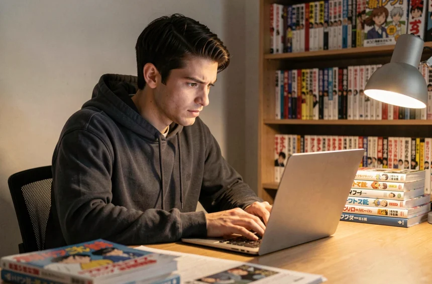 Jeune homme lisant des scans manga en ligne sur un ordinateur portable entouré de volumes de manga