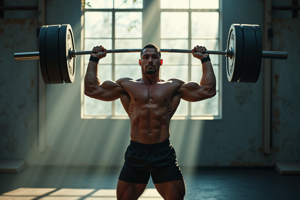 Lutteure moderne soulevant un gros barbell dans une salle lumineuse