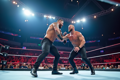 Deux lutteurs professionnels en action dans un ring WWE avec foule