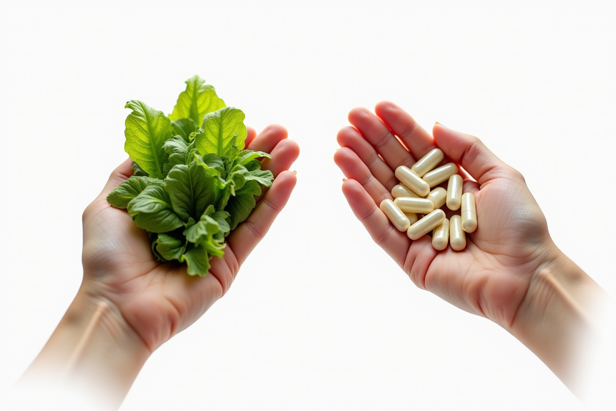 Deux mains tenant des bouteilles de compléments avec légumes frais