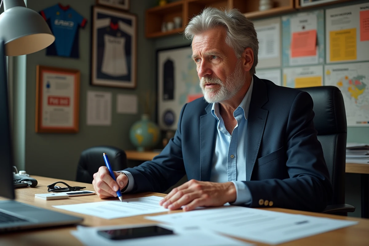 Manager de cyclisme examinant un contrat dans son bureau
