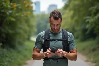 Marathonien en pleine pause pour consulter une application nutrition