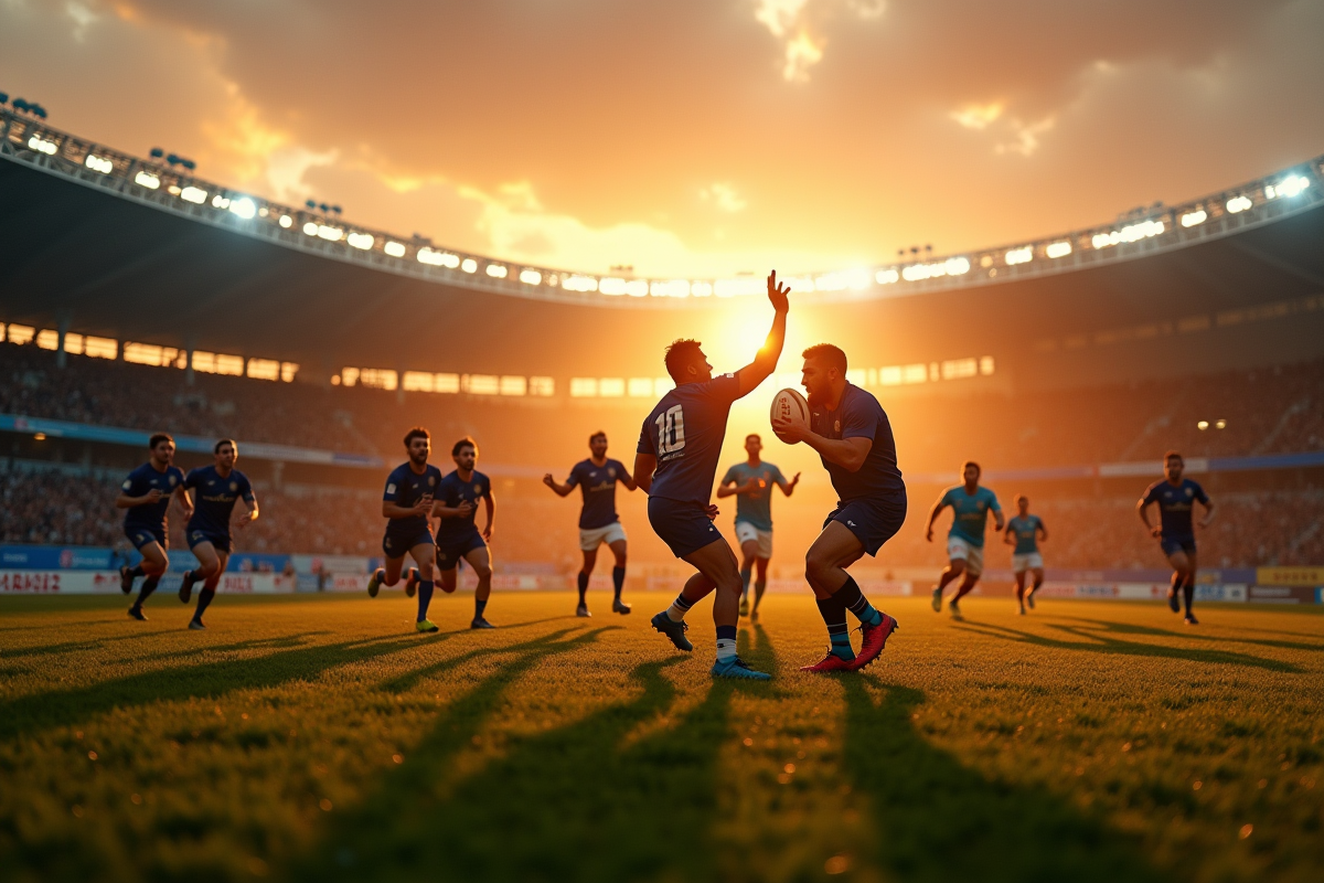 Match de rugby au coucher du soleil dans un stade français
