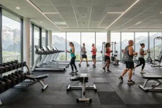 Vue d'ensemble d'une salle de sport moderne en Isère avec équipements de musculation et de cardio