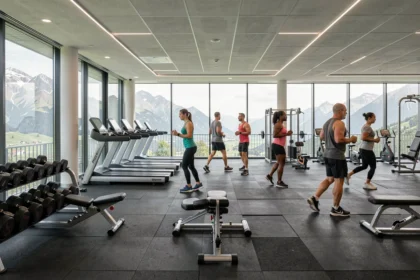 Vue d'ensemble d'une salle de sport moderne en Isère avec équipements de musculation et de cardio