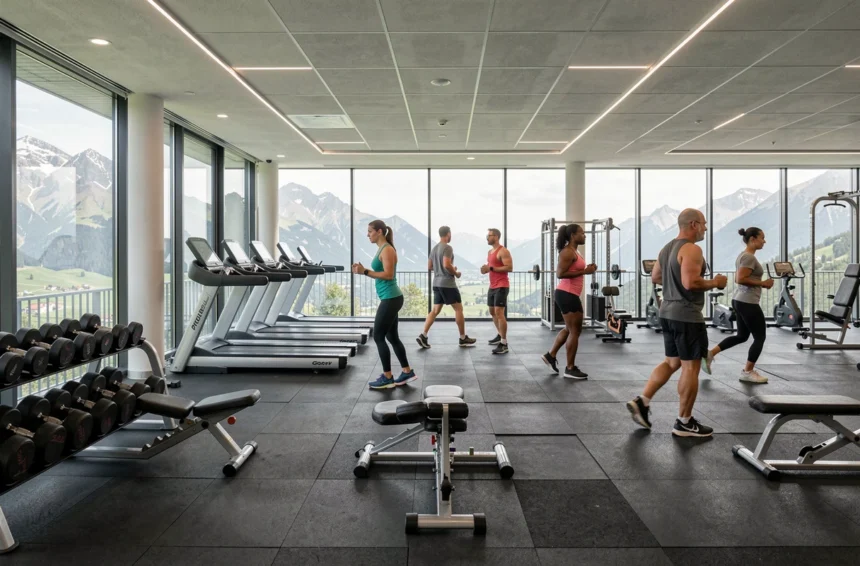 Vue d'ensemble d'une salle de sport moderne en Isère avec équipements de musculation et de cardio