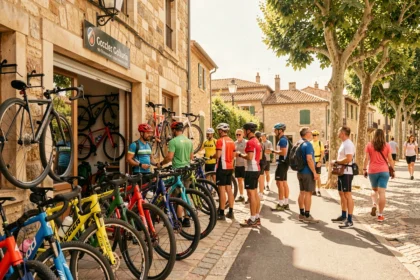 Scène de rue animée devant un magasin de vélos en Occitanie avec des cyclistes et des vélos colorés exposés