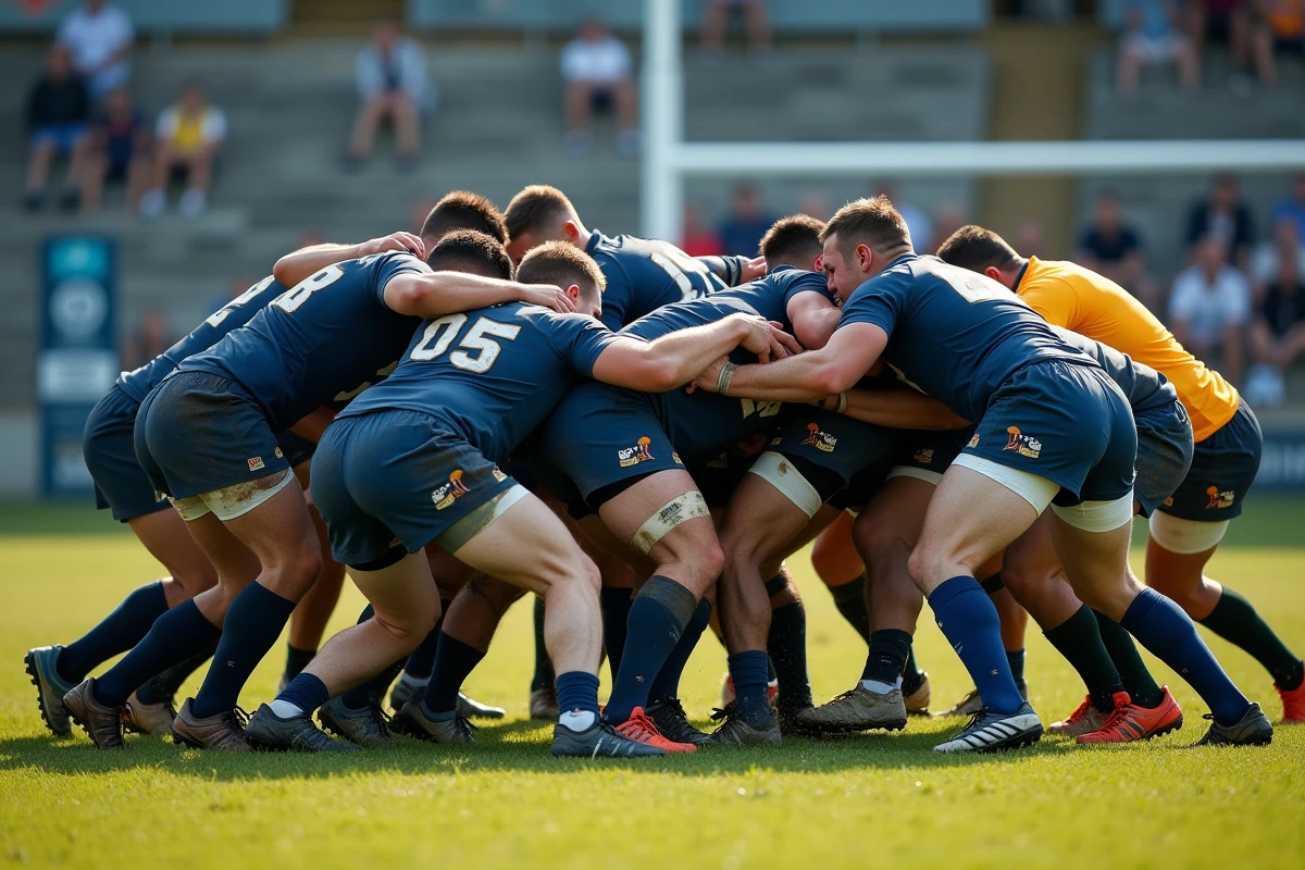 Mêlée de rugby Fédérale 1 avec seize joueurs engagés sur un terrain enherbé, capturant l'intensité physique du championnat amateur français