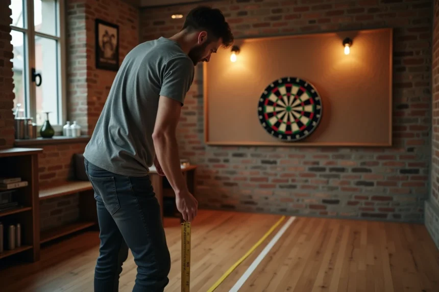 Homme mesurant la distance réglementaire pour les fléchettes avec un mètre ruban sur le sol d'une salle de jeux à domicile
