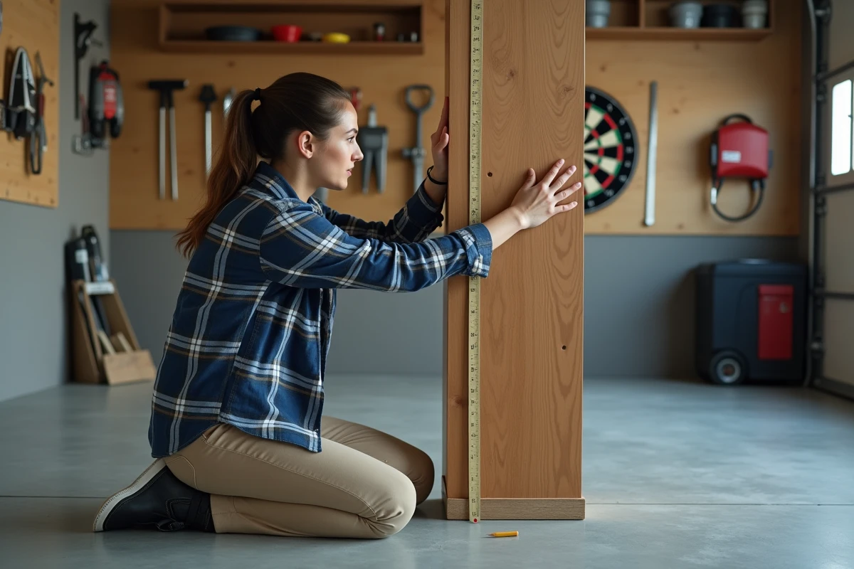Femme utilisant son avant-bras pour estimer la distance de lancer aux fléchettes sans matériel dans un garage