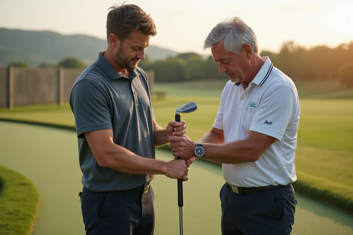Moniteur de golf corrigeant la prise en main d'un wedge pour un élève débutant lors d'une leçon de petit jeu, illustration pédagogique de l'apprentissage du wedging
