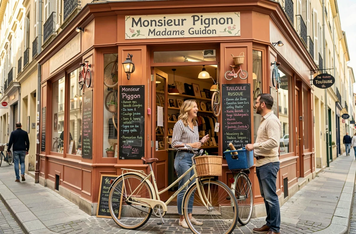 Devanture colorée et originale de Monsieur Pignon Madame Guidon à Toulouse avec une cliente et un vendeur souriants