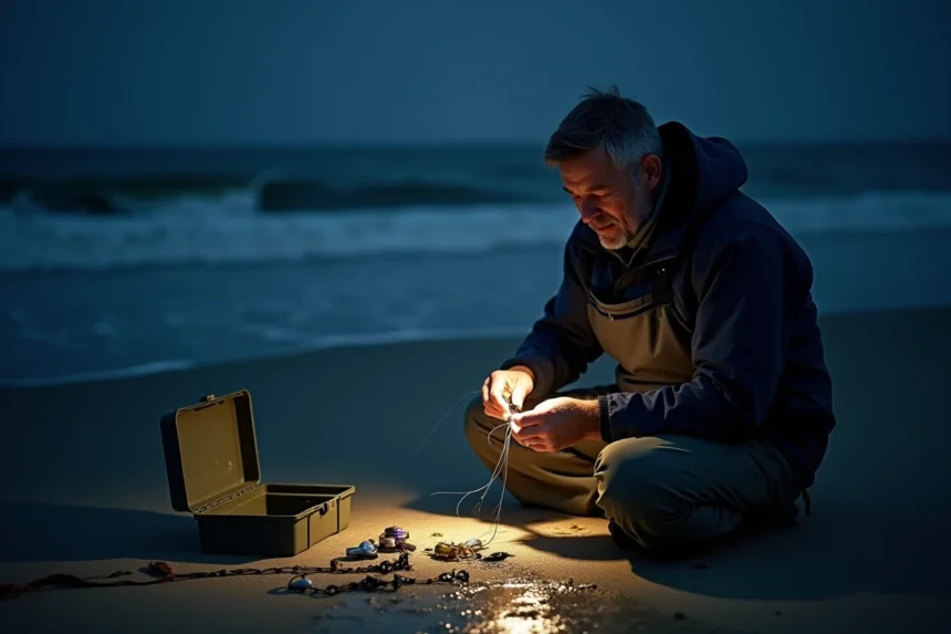 Pêcheur montant un bas de ligne surfcasting de nuit sur une plage atlantique avec matériel de montage étalé
