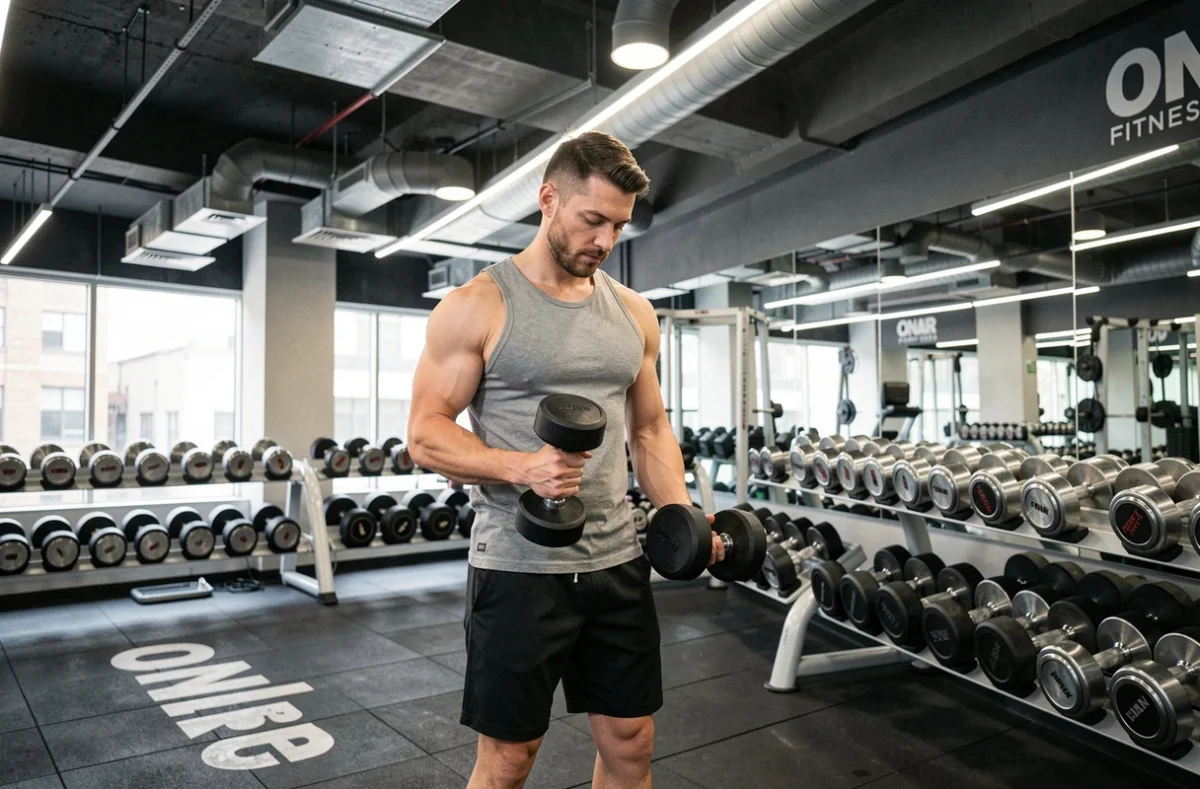 Homme s'entraînant avec des haltères dans la salle ON AIR Fitness Grenoble Gambetta