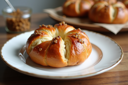 Pain aux raisins frais sur assiette en céramique blanche