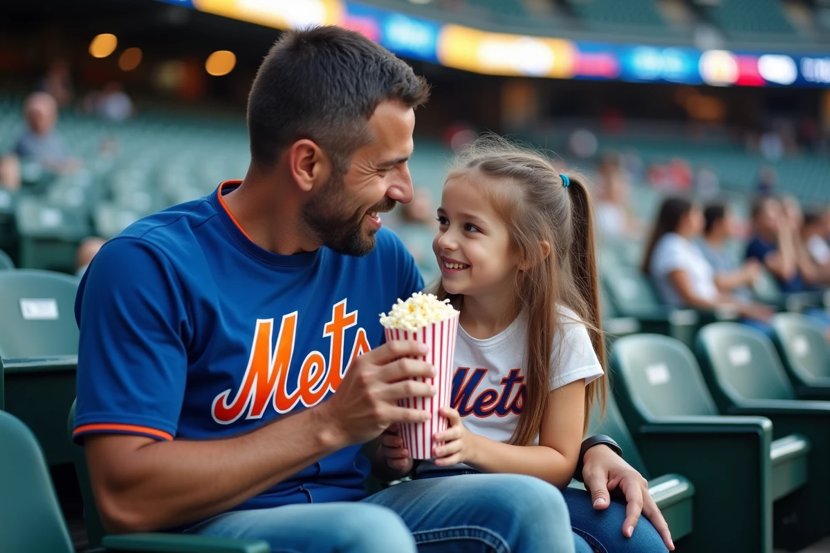Père et fille partageant du popcorn au stade de baseball