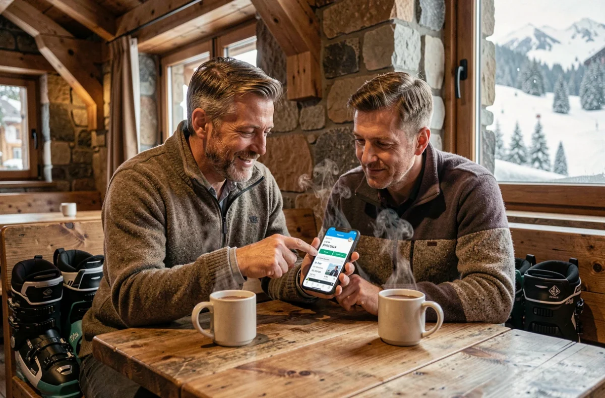 Couple de parents consultant les tarifs et bons plans forfaits famille sur smartphone dans un chalet de la station des Sept Laux
