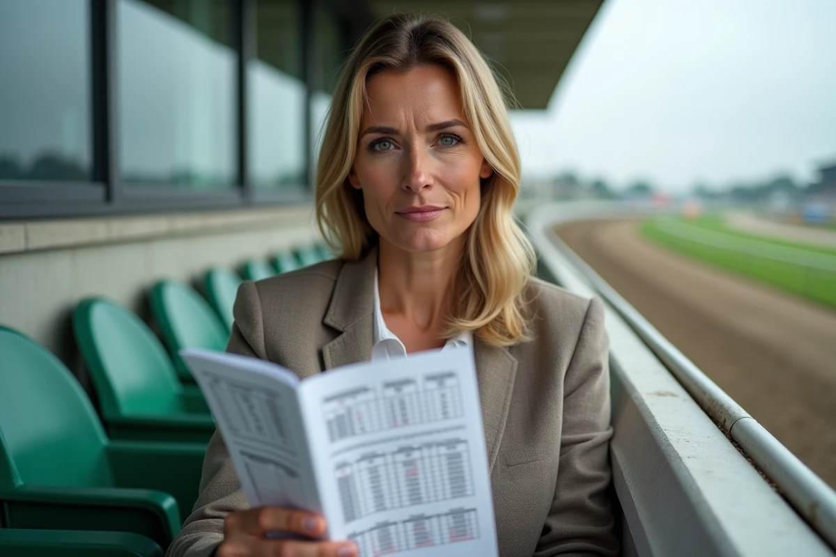 Parieuse concentrée analysant une fiche de course au trot avec des statistiques Infonet annotées à la main dans les tribunes