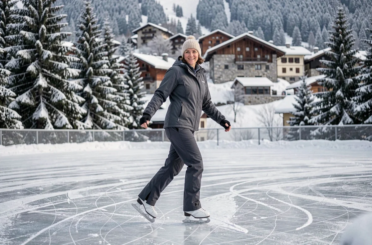 Femme adulte faisant du patin à glace sur une patinoire extérieure en station de ski avec vue sur le village de montagne