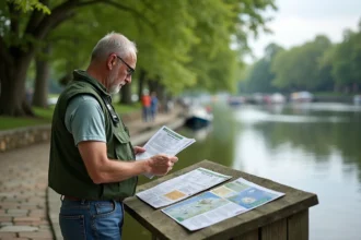 Homme d'âge moyen vérifiant brochures de licences de pêche au bord de la rivière
