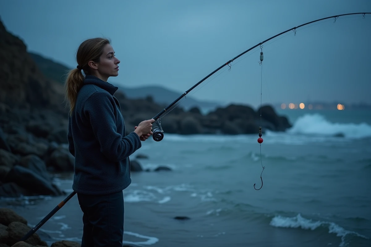 Pêcheuse en bord de mer rocheux tenant une canne surfcasting avec montage bar complet visible au bout de la ligne