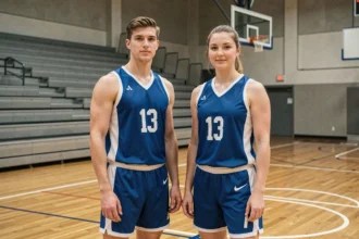 Joueurs de basketball masculin et féminin en uniforme bleu et blanc sur un terrain de gymnasium intérieur, illustrant l'équilibre du casting dans Kuroko no Basket