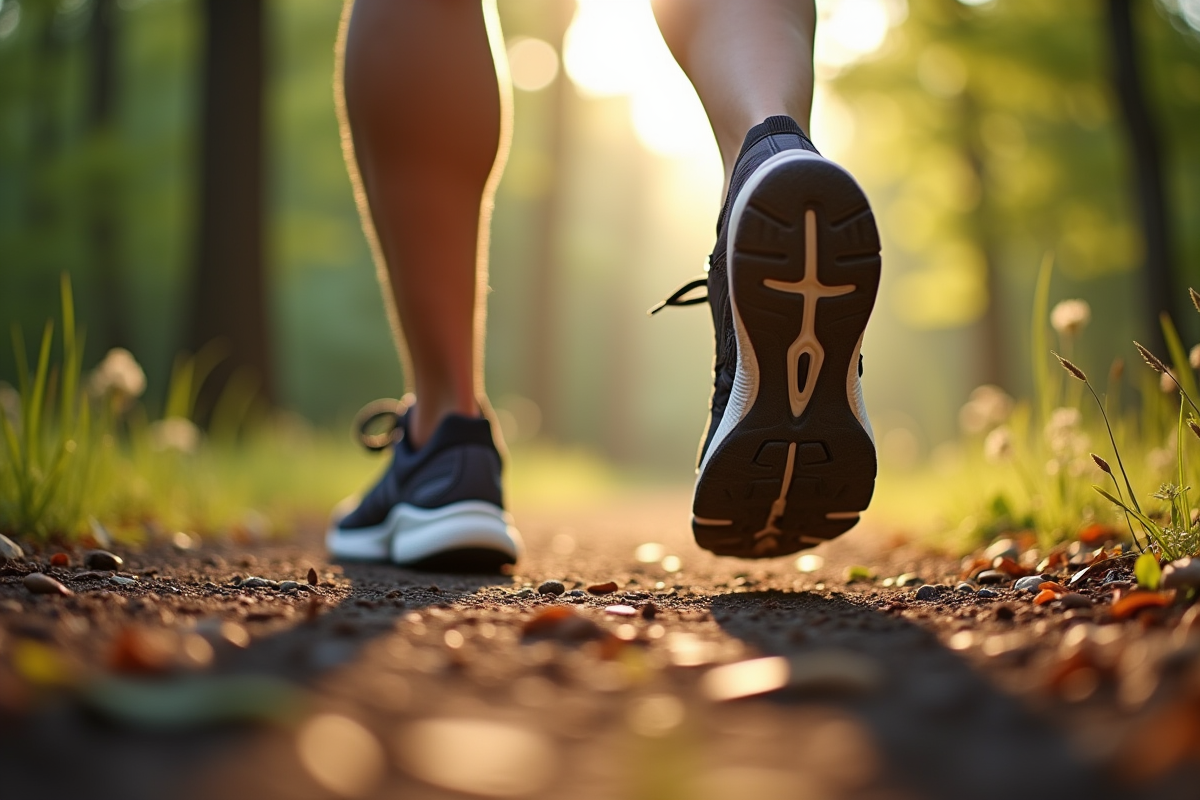 Pieds en chaussures de sport sur un sentier forestier