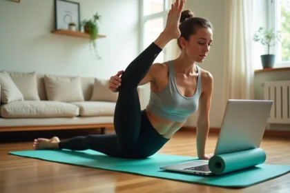 Femme pratiquant le Pilates à domicile sur un tapis teal avec un laptop affichant une plateforme de cours en ligne gratuits en français