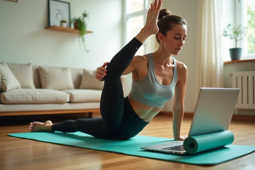 Femme pratiquant le Pilates à domicile sur un tapis teal avec un laptop affichant une plateforme de cours en ligne gratuits en français