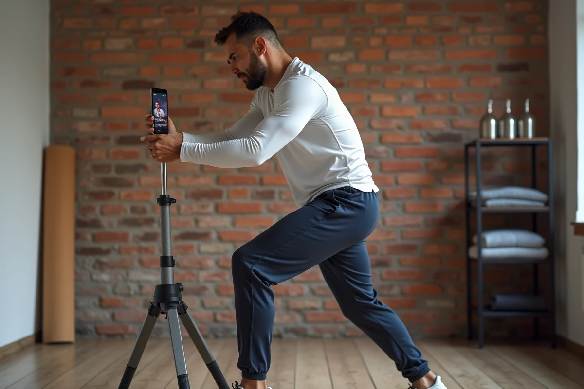 Homme regardant un tutoriel Pilates gratuit en français sur smartphone dans un coin salle de sport à domicile