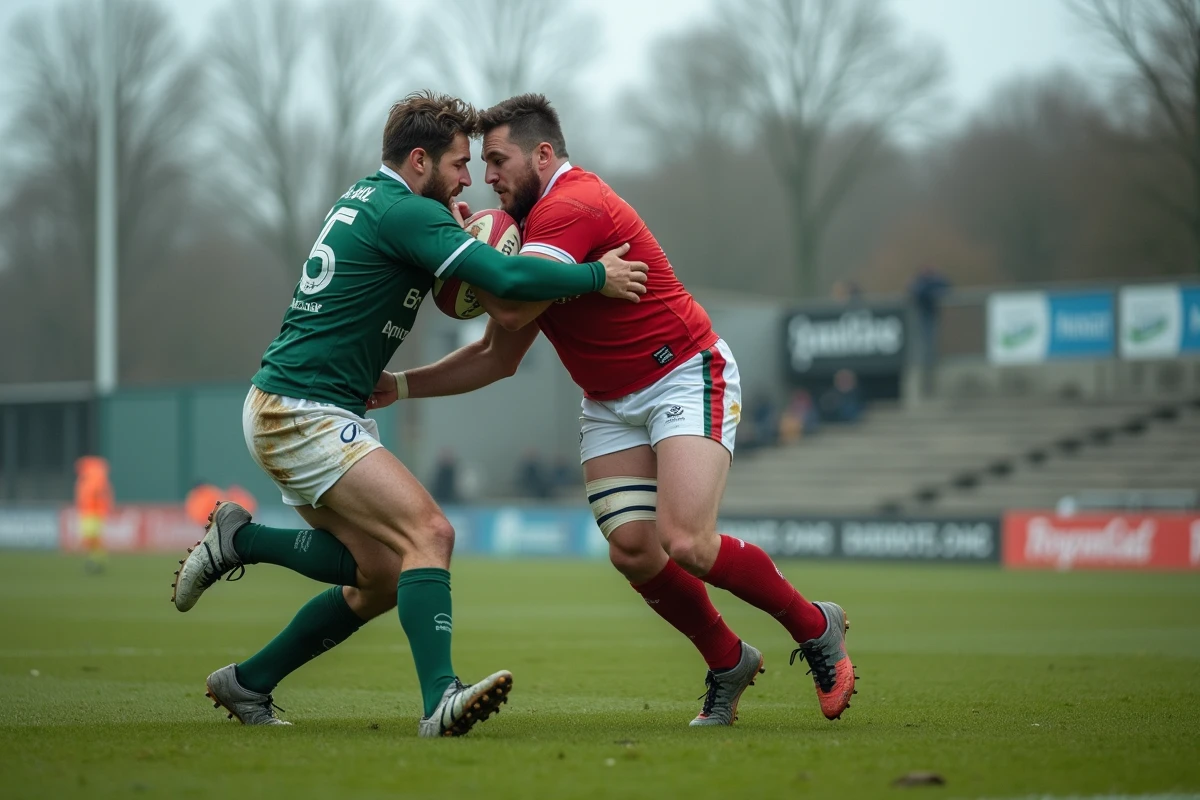 Plaquage intense entre deux joueurs adverses lors d'un match de Fédérale 2 Poule 3 en automne