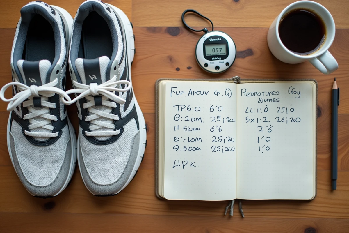 Podomètre mécanique, chaussures de marche et carnet de calcul de distance en kilomètres pour 7500 pas posés sur un bureau en bois