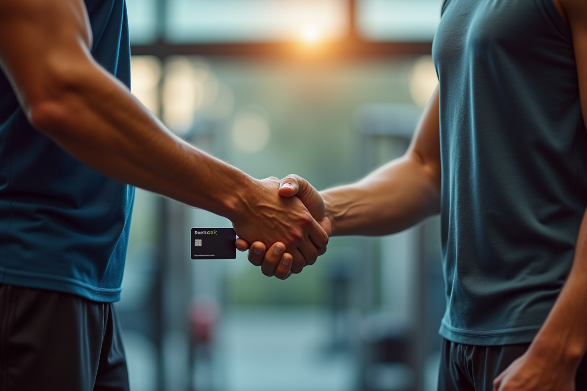 Poignée de main entre deux personnes en tenue de sport avec une carte Basic Fit