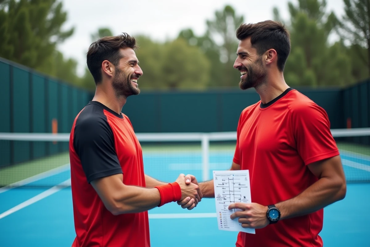 Deux joueurs de padel consultant le tableau des points P250 après un match de tournoi