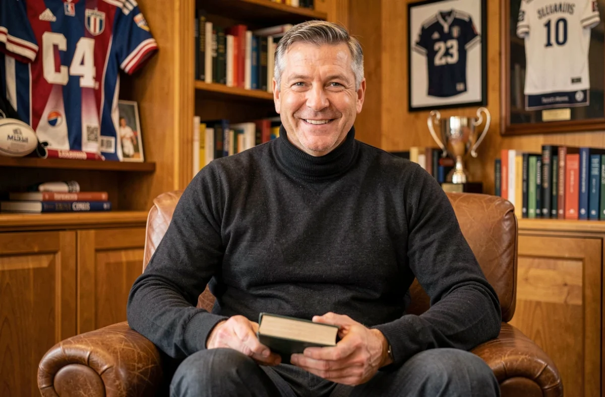 Portrait intimiste d'un célèbre ancien joueur de rugby français reconverti en consultant, assis dans une bibliothèque ornée de trophées et maillots encadrés