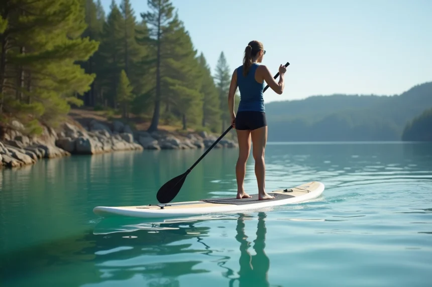 Femme pratiquant le stand-up paddle avec une posture correcte pour éviter les douleurs de dos