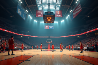 Joueurs en échauffement dans un gymnase avant un match de basket
