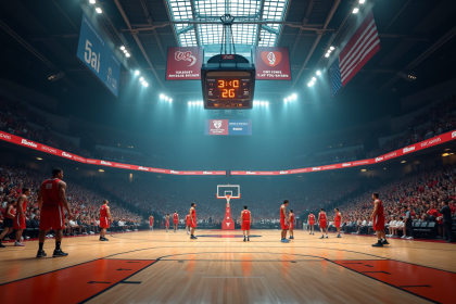 Joueurs en échauffement dans un gymnase avant un match de basket